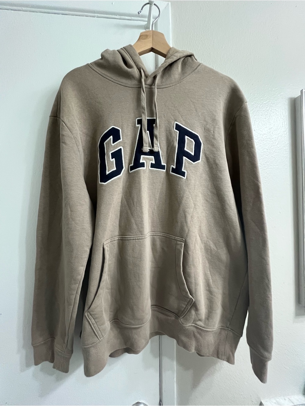GAP Men's Hoodie in Taupe with Navy Logo